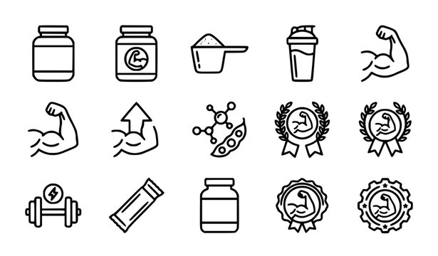 Protein Powder Jar Muscle Arm Fitness Supplement Bodybuilding Sports Nutrition Black White Vector Icon Set