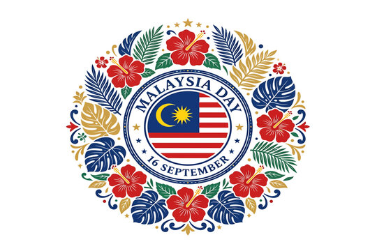 Malaysia day celebration emblem with national flag, hibiscus flowers, and tropical leaves