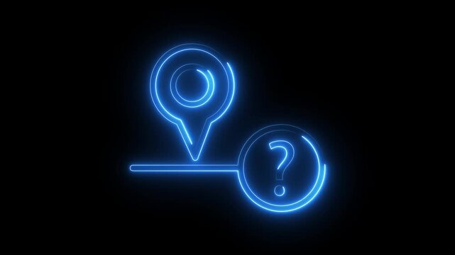 Blue neon location pin and question mark icon glowing on dark background for map navigation.