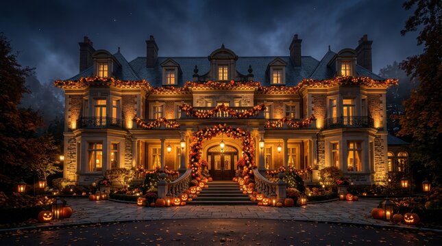 Luxury Manor House Decorated for Halloween Evening
