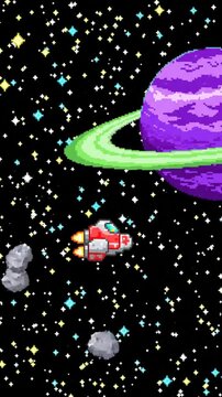 Retro pixel art spaceship flying through space and shooting at asteroids