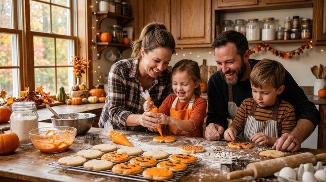 Happy Family Baking Halloween Cookies Together Kitchen