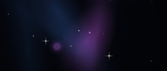 A dramatic cosmic background displays vibrant purple nebulas with twinkling stars and a softly glowing planetary shape in deep space © MdMaynul