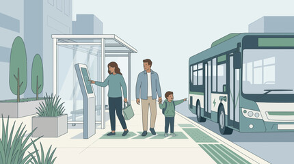 Fototapeta premium Family at bus stop using digital ticket machine near electric bus