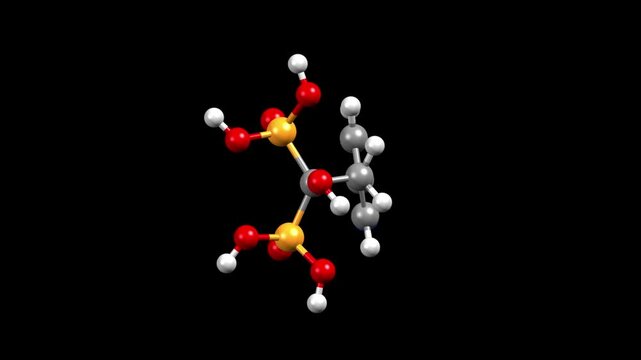 Structure of residronic acid, a medicine for osteoporosis. Animated 3D ball-and-stick and space-filled models, black background.