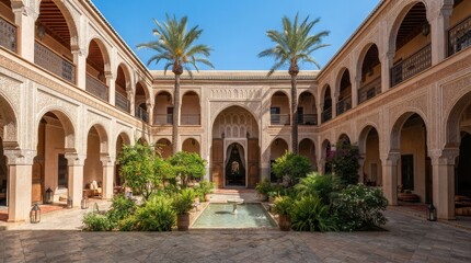 Naklejka premium Beautiful courtyard of an ancient historic building with stone arches palm trees and a central fountain