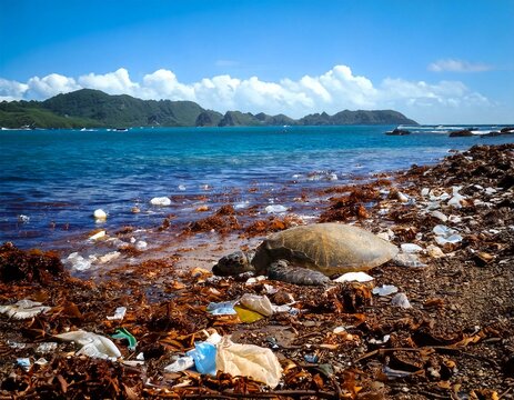 Sea Turtle on Plastic Polluted Beach with Coastal Background