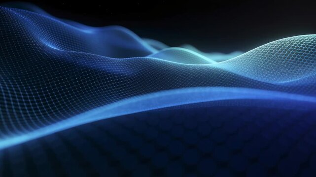 Moving camera pulling forward, revealing glowing mesh rippling toward front, showing cyan points
