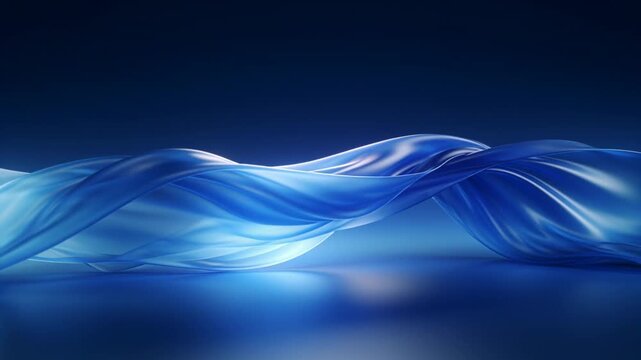Animating blue ribbon shifting, folding, waving across shiny floor in studio to show glow