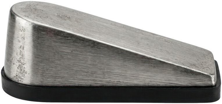 Industrial brushed metal door wedge floor stopper.