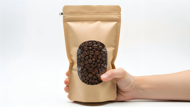 Hand holding coffee bean bag against neutral background