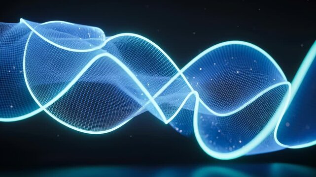 Glowing cyan mesh ribbon after camera pan, sweeping and looping over glossy plane amid particles