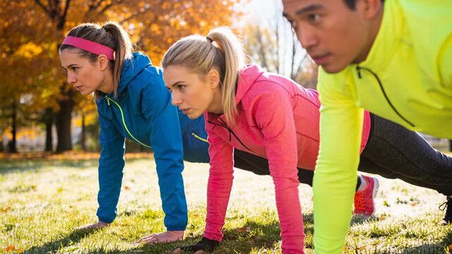 Responding to sunrise, trio in bright jackets performing push-ups in park on dewy grass with leaves