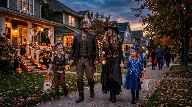 Family Walking Outdoors on Suburban Halloween Street