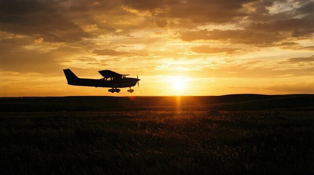 Small airplane silhouetted against a vibrant sunset over a dark landscape
