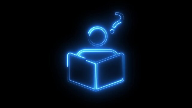 Neon blue light icon showing person reading open book with question mark in dark background.