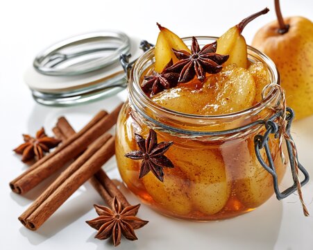 Spiced Pear Jam in Glass Jar with Star Anise and Cinnamon Sticks