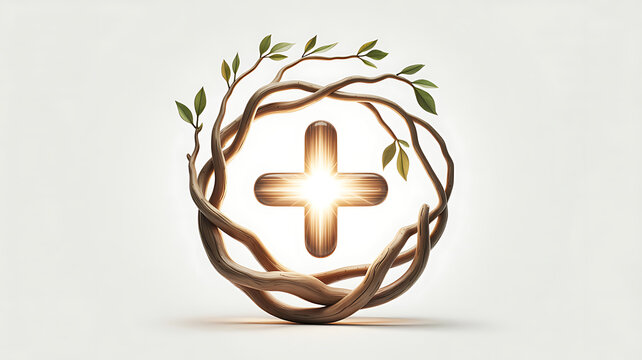 Natural wooden plus sign in vine wreath, organic medical cross symbol with green leaves, holistic health and wellness concept