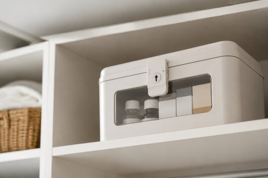 Un armario con una caja blanca que tiene un candado y varios productos dentro en una estanter&iacute;a en una habitaci&oacute;n