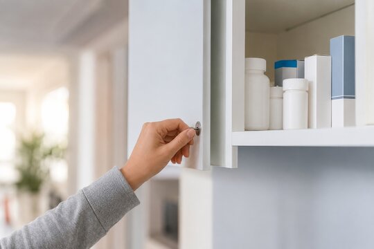 Una mano abre un mueble para buscar productos de uso diario en un ambiente interior con luz natural