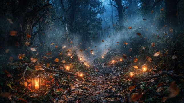 Misty Forest Path Lined with Glowing Lights
