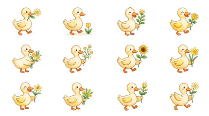 Fototapeta premium Cute ducklings holding yellow flowers illustration set.