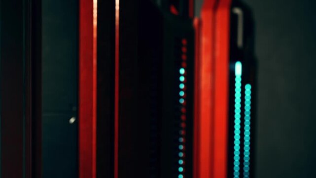 Several gaming consoles and devices are arranged in a dark room. Red and blue lights glow from the devices. The setup shows a focus on technology and gaming culture in a home environment.