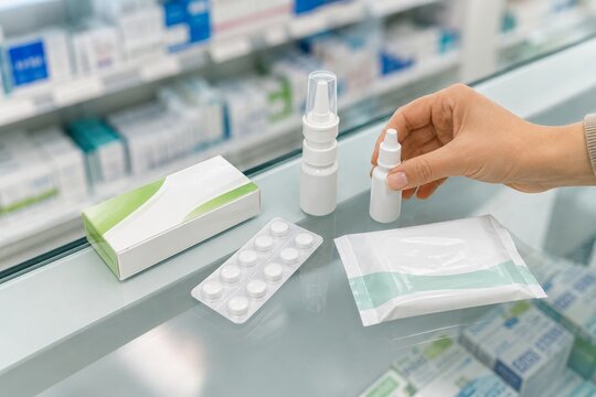 Diversos productos farmac&eacute;uticos en una farmacia, incluyendo un frasco de spray y un gotero, sobre un mostrador