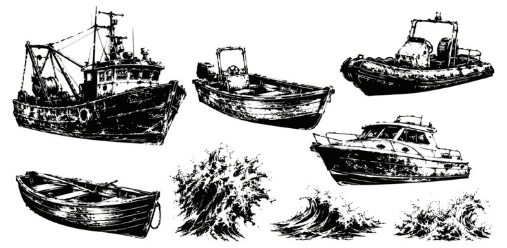 Various boats and ocean waves black ink sketch fishing boat, rowboat, tugboat, yacht, water splashes detailed hand drawing