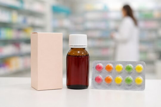 Frascos de medicina y pastillas en una farmacia con un trabajador al fondo
