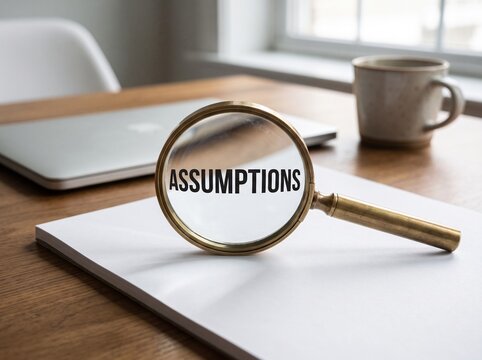 A Magnifying Glass On A White Paper Revealing The Word Assumptions On A Wooden Desk