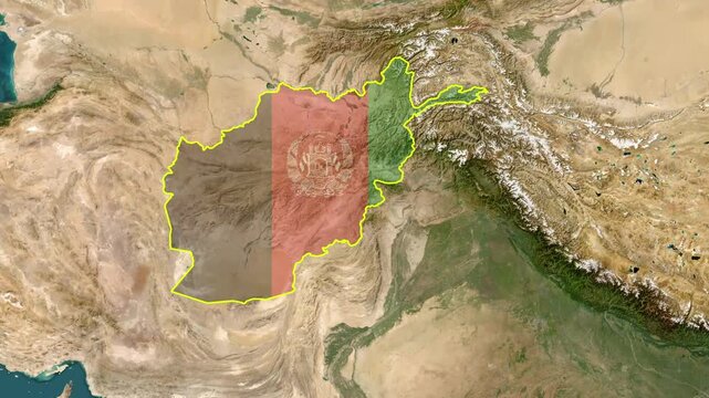 Afghanistan country borders appearing on a satellite earth map in this digital motion video graphics animation