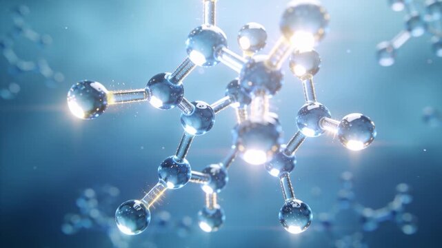 Orbiting camera showcasing glossy rotating molecule with nodes and bonds in teal space, particles