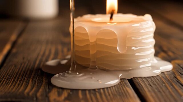 Melting white candle wax dripping onto a rustic dark wooden table surface