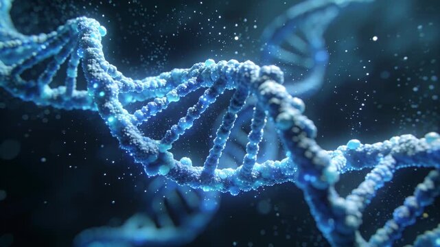 Rotating stylized DNA helix revealing turns as camera pulling back in blue space, glowing particles