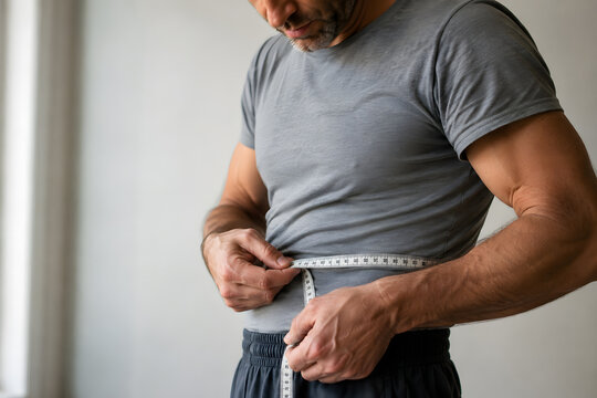 Primer plano de la cintura de un hombre musculoso midiendo su circunferencia con una cinta m&eacute;trica flexible. Iluminaci&oacute;n interior, enfoque en el torso y las manos.