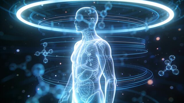 Activating scan rotating anatomy model showing organs, halo rings and molecules for medical study