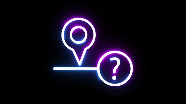 Neon location pin and question mark icon glowing on dark background for digital map search.