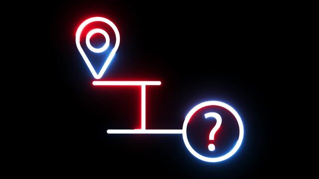 Neon location pin and question mark icon animation representing mystery navigation path.