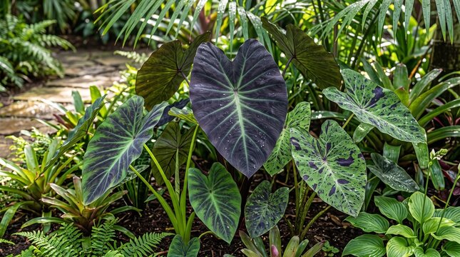 Exotic tropical plants with dark purple and green variegated leaves