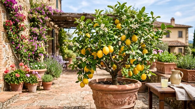 Potted lemon tree with fruit and flowers in a sunny Italian garden