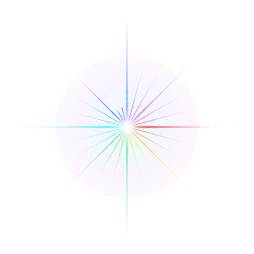 Multicolored starburst light effect with sparkles on transparent background.