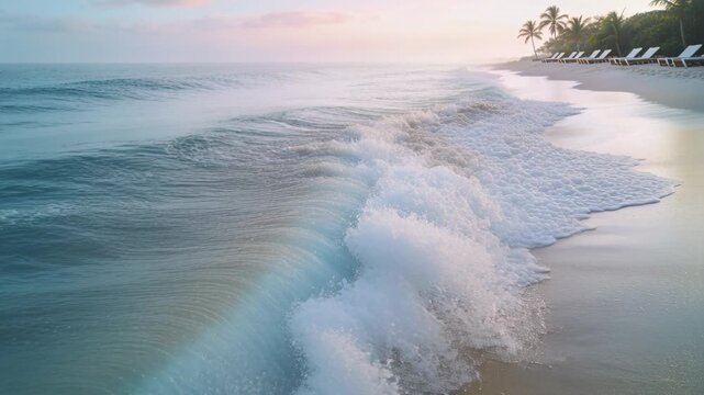 Rolling ocean wave being pushed by swell, forming curl, breaking onto sand at beach near chairs