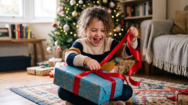 Joyful child unwrapping a Christmas present with excitement in a decorated room