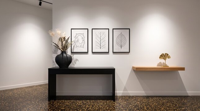 Modern minimalist hallway interior with black console and wall art