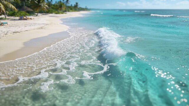 Incoming swell pushing turquoise water, forming white foam over rippled sand on resort beach