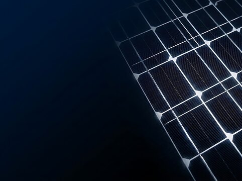 High-tech solar panel array with glowing grid lines on dark background for clean energy concept