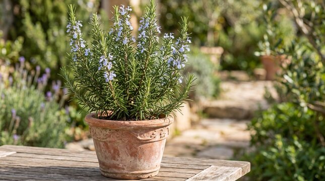 Fresh rosemary plant in a terracotta pot on a wooden table outdoors