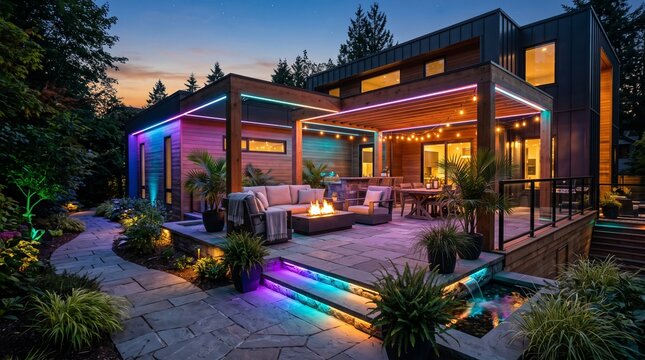 Modern patio with fire pit and colorful led lighting at dusk