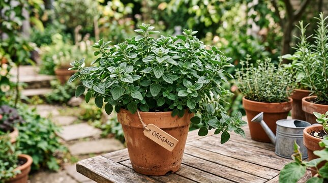 Fresh oregano herb plant in a terracotta pot in a garden
